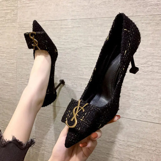 2021 Black White Shoes Woman Heel Metal Letters High Heels Shallow Pumps Suede Leather Wedding Stilettos Pumps Sexy Women Shoes