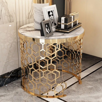 2021 Creative luxury marble top side table modern living room sofa side round small coffee table shiny golden stainless steel