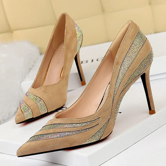 2021 Spring Luxury Women Sexy 9cm High Heels Pumps Designer Flock Nude Red Heels Stiletto Bling Crystal Tacones Prom Party Shoes