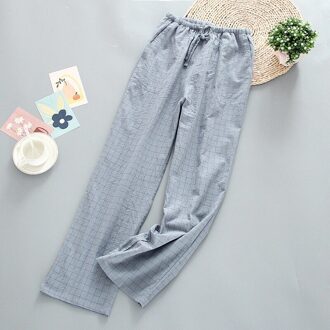 2022 Fall Vrouwen Eenvoudige Stijl Slaap Bodem Comfort Gaas Katoen Plaid Slaap Broek Dames Losse Dunne Elastische Taille Homewear Broek blauw / M