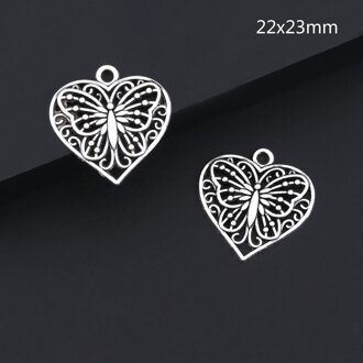 20Pcs Charms Hartvormige Vlinder Animal Zilver Kleur Hanger Voor Diy Handgemaakte Bevindingen Sieraden Maken Accessoires A3187 22x23mm