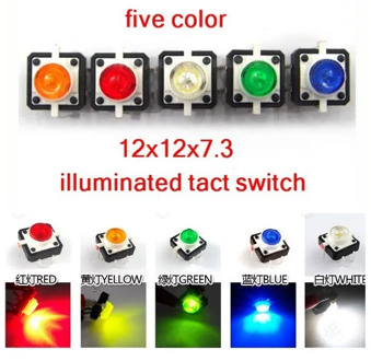 20pcs Illuminated Tact Switch 12x12x7.3 mm Green Red Yellow Blue White LED Reset button Switch Momentary LED 5 color 12*12*7.3mm