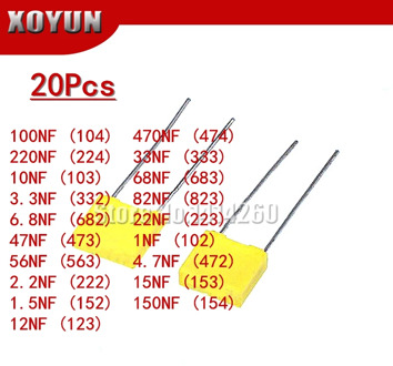 20pcs Polypropylene Safety Plastic Film 100V 1nF ~ 470nF 100nf 220nf 10nf 47nf 22nf 1nf 0.47uf 0.1uf Correction capacitor