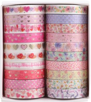 20Pcs Rood Hart Bloem Collectie Washi Tape Set 8Mm Kant Liefde Roze Bloemen Zelfklevende Masking Tapes Stickers decoratie A6076