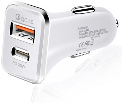 20W Pd Usb Socket In Auto Snel Opladen Voor Iphone 11 12 Pro Max Mini Xiaomi Redmi 10 9 8 Mobiele Telefoon Type C Usb Autolader wit