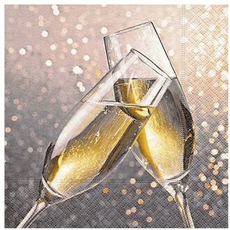 20x Champagne thema servetten met glazen 33 x 33 cm