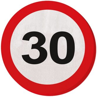 20x Dertig/30 jaar feest servetten verkeersbord 33 cm rond verjaardag/jubileum - Feestservetten Multikleur