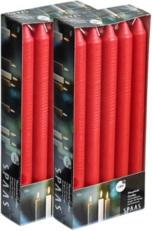 20x Lange kaarsen rood 24 cm 8 branduren huishoudkaarsen/dinerkaarsen/tafelkaarsen - Dinerkaarsen