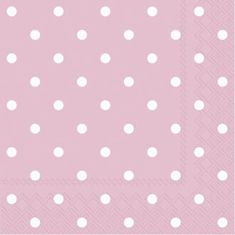 20x Polka Dot 3-laags servetten licht roze met witte stippen 33 x 33 cm - Feestservetten