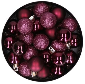 20x stuks kleine kunststof kerstballen aubergine roze 3 cm mat/glans/glitter - Kerstbal