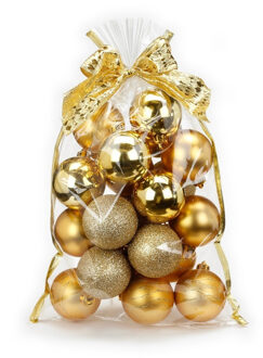 20x stuks kunststof kerstballen goud mix 6 cm in giftbag - Kerstbal Goudkleurig