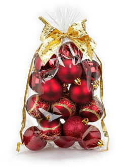 20x stuks kunststof kerstballen rood mix 6 cm in giftbag