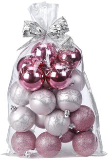 20x stuks kunststof kerstballen roze mix 6 cm in giftbag - Kerstbal