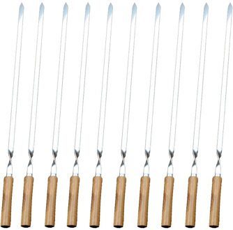21.56 "55Cm Rvs Bbq Spiesjes Houten Handvat Bbq Vork Shish Kebab Barbecue Grill Lange Platte Vlees Spiesjes set 6/10/12Pcs 10stk