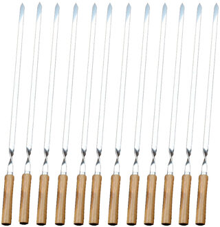 21.56 "55Cm Rvs Bbq Spiesjes Houten Handvat Bbq Vork Shish Kebab Barbecue Grill Lange Platte Vlees Spiesjes set 6/10/12Pcs 12stk