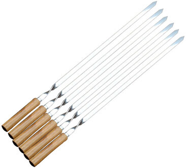 21.56 "55Cm Rvs Bbq Spiesjes Houten Handvat Bbq Vork Shish Kebab Barbecue Grill Lange Platte Vlees Spiesjes set 6/10/12Pcs 6stk