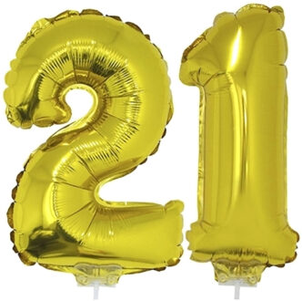 21 jaar leeftijd versiering cijfers - verjaardag - ballonnen op stokje - van 41 cm - goud