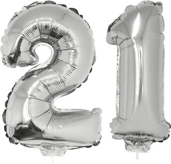 21 jaar leeftijd versiering cijfers - verjaardag - ballonnen op stokje - van 41 cm - zilver