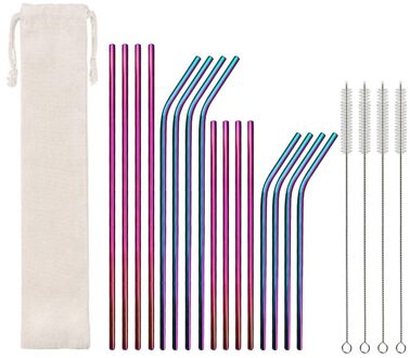 21Pcs 304 Rvs Rietje Herbruikbare Metalen Gebogen Rietjes Set Party Favor Bar Keuken Servies Sets Accessoires regenboog