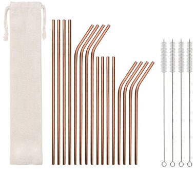 21Pcs 304 Rvs Rietje Herbruikbare Metalen Gebogen Rietjes Set Party Favor Bar Keuken Servies Sets Accessoires roos rood