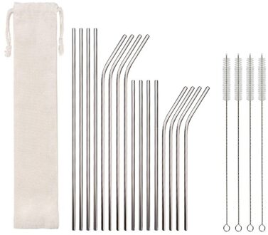 21Pcs 304 Rvs Rietje Herbruikbare Metalen Gebogen Rietjes Set Party Favor Bar Keuken Servies Sets Accessoires zilver