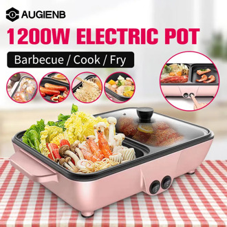 220V 1200W 2 in 1 Mini Electric Cooking Pot Machine Multifunction Hotpot Noodles Eggs Soup Barbecue Non-Stick BBQ Heating Pan