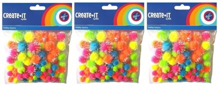 225x Knutsel pompoms neon gekleurd met glitters - Hobby decoratie materiaal