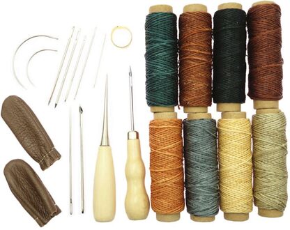 22Pcs Leather Craft Hand Stiksels Naaien Gereedschap Priem Gewaxt Draad Vingerhoed Kit