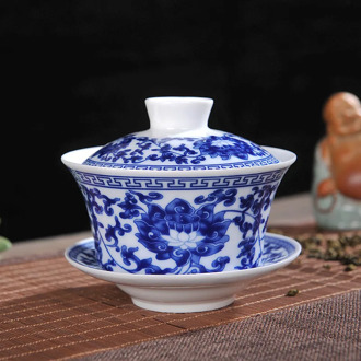 230/330ml Jingdezhen Ceramics Blue and White Tea Bowl Sancai Large Gaiwan Tea Set Eight Treasure Tea Bowl Household Cover Bowl