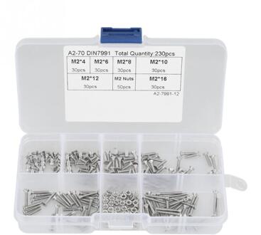 230Pcs M2 Moeren En Bouten Set Schroefdraad Inserts Noten Roestvrij Steet Schroeven Moeren Assortiment Kit Met Doos