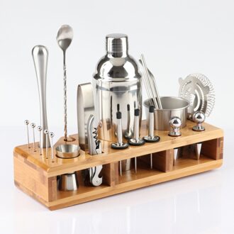 23Pcs Cocktail Shaker Barman Kit Rvs Wijn Drinken Mixer Bartending Tool Met Houten Stand Voor Thuis Bar Party