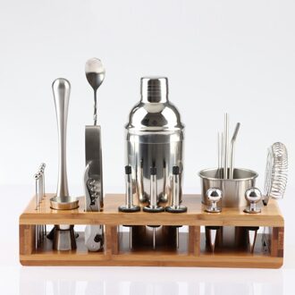 23Pcs Rvs Cocktail Shaker Set Bar Kit Met Vierkante Houten Rek Voor Barman Drinken Party Bar Gereedschap 550ml