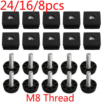 24/16/8pcs M8 Thread Black Plastic Furniture Legs Plugs Set Blanking End Caps Insert Plugs Adjust Thread Feet Square Pipes Set