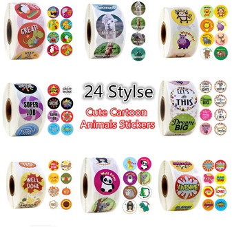 24 Styles 500pcs/roll 1Inch Cute Cartoon Animals Stickers Journal Scrapbooking Teacher Encouragement Reward Sticker for Children