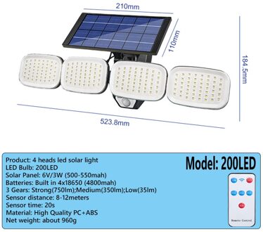 240 Cob Solar Led Light Outdoor 4 Hoofd Motion Sensor 500 Groothoek Verlichting Waterdichte Verlichting Wandlamp Voor Tuin garage 200 LED