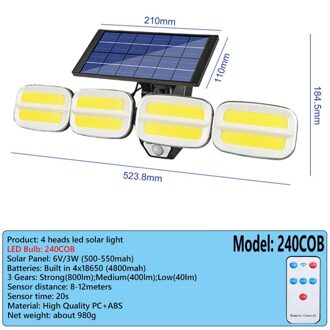 240 Cob Solar Led Light Outdoor 4 Hoofd Motion Sensor 500 Groothoek Verlichting Waterdichte Verlichting Wandlamp Voor Tuin garage