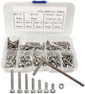 240 stk/set M3 Cap Hoofd Rvs Inbusschroeven Bolt met Hex Noten Assortiment Kit Fasteners met Plastic Doos schroef bolt