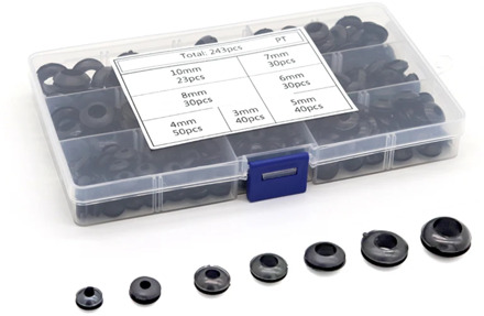 243Pcs/box Rubber Grommet Gasket Kits for Wire Cable Black Assortment Set