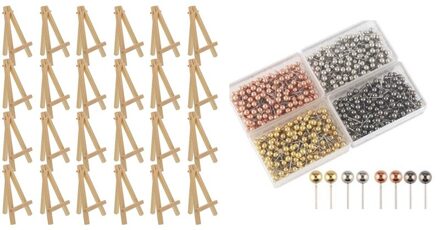 24Pcs 12.7Cm Mini Houten Display Stands, ezels & 800 Pcs 1/8-Inch Retro Metalen Kralen Hoofd Markering Push Pins, 4 Kleuren