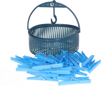 24x gekleurde wasknijpers in hangmandje - blauw - kunststof - 17 x 19 x 11.5 cm - wassen - ophangen
