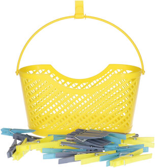 24x gekleurde wasknijpers in hangmandje - geel - kunststof - 17 x 19 x 11.5 cm - wassen - ophangen