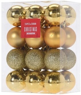 24x Glans/mat/glitter kerstballen goud 3 cm kunststof kerstboom versiering/decoratie - Kerstbal Goudkleurig