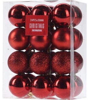 24x Glans/mat/glitter kerstballen rood 3 cm kunststof kerstboom versiering/decoratie - Kerstbal