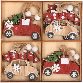 24x kersthangers - 8-delig - hout - autootjes - 6x5 cm