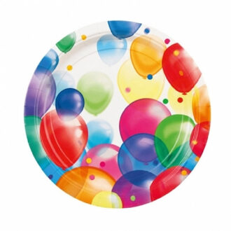 24x stuks feestbordjes met ballonnen opdruk karton  23 cm - wegwerp party verjaardag taart/gebak bordjes