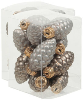 24x stuks glazen dennenappels kersthangers eucalyptus grijs/bruin 6 cm mat/glans