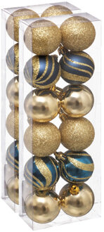 24x stuks kerstballen mix goud/blauw glans/mat/glitter kunststof 4 cm