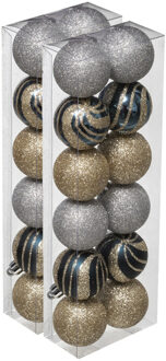 24x stuks kerstballen mix goud/zilver glans/mat/glitter kunststof 4 cm - Kerstbal Zilverkleurig