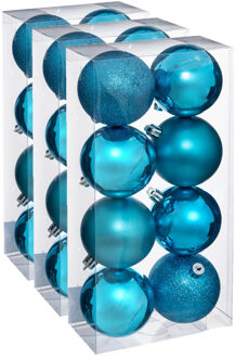 24x stuks kerstballen turquoise blauw glans en mat kunststof 7 cm - Kerstbal