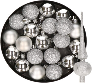 24x stuks kunststof kerstballen 6 cm inclusief glitter piek zilver